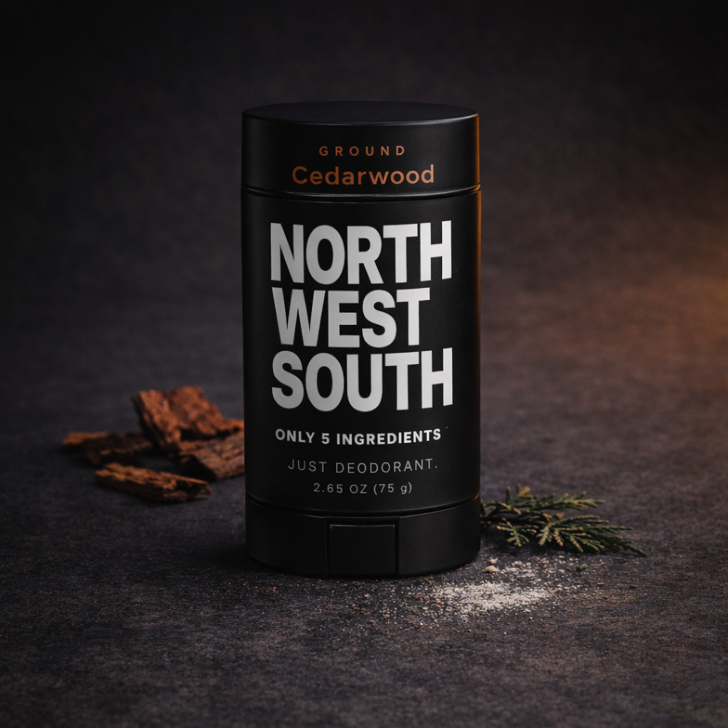 North West South Ground natural cedarwood deodorant — 9 ingredients, full formula disclosure, matte black stick