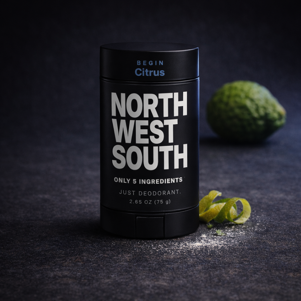 North West South Begin natural citrus bergamot deodorant — 9 ingredients, full formula disclosure, matte black stick