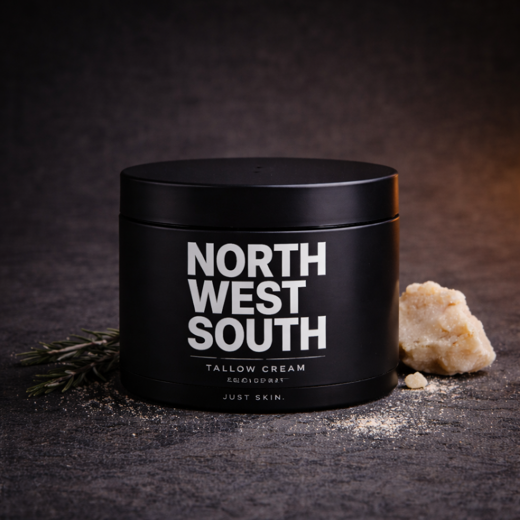 North West South Restore grass-fed beef tallow face and body cream — 5 ingredients, matte black jar