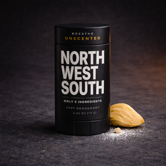 North West South Breathe natural unscented deodorant — 9 ingredients, full formula disclosure, matte black stick